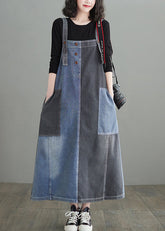 Modern Colorblock Oversized Patchwork Pockets Denim Strap Dress
